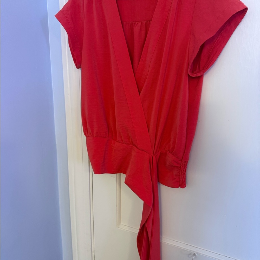 Nine West Coral Red Wrap-Style Short Sleeve Blouse